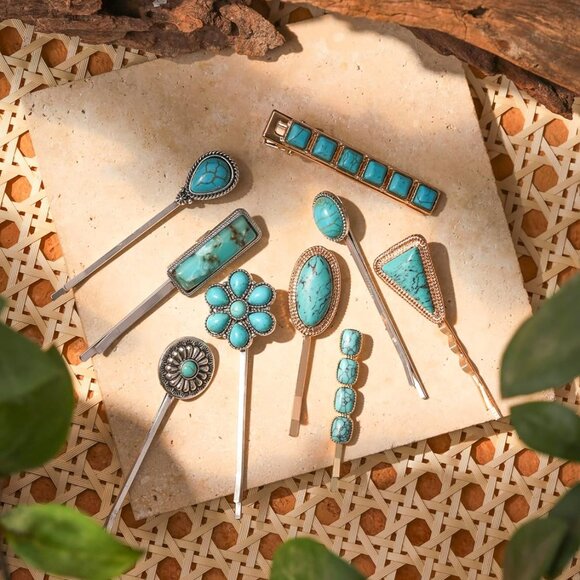 Retro Beads Created Turquoise Hairpins Set of 2 Women's Hair Accessories Bohemia - Picture 6 of 7